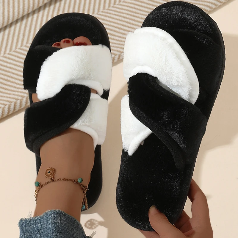 

Contrast Color Cross Strap Fur Slippers Women Open Toe Non Slip Indoor Home Slides Woman Autumn Winter Comfort Plush Slippers