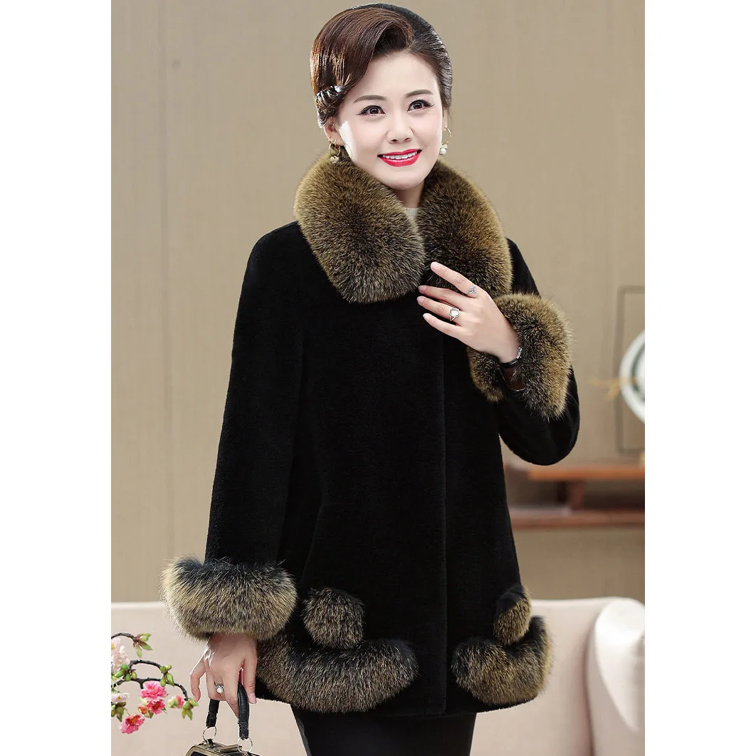 New Gold Mink Coat Women's Medium Long Fox Fur Collar Mother Wear Thickened Warm Fur Jacket High End Female Faux Fur Overcoat