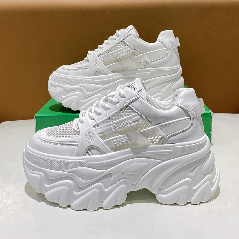 White Chunky Sneakers Women New 2024 Summer Hidden Heel Platform Sports Dad Shoes Woman Lace Up Breathable Mesh Casual Shoes 8CM