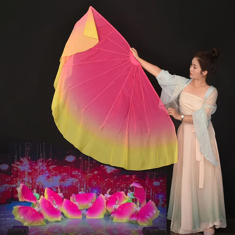 Fishbone Fan Opening Stage Props Chiffon Chinese Folk Dance Performance Gradient Colour Dance Yangko Fan Light Weight Flowy Long