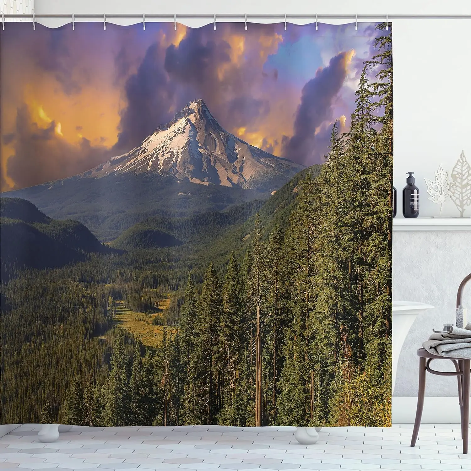 

Горный пейзаж Занавеска для душа Снежный пик Лес Природа Декор Лен 180x210