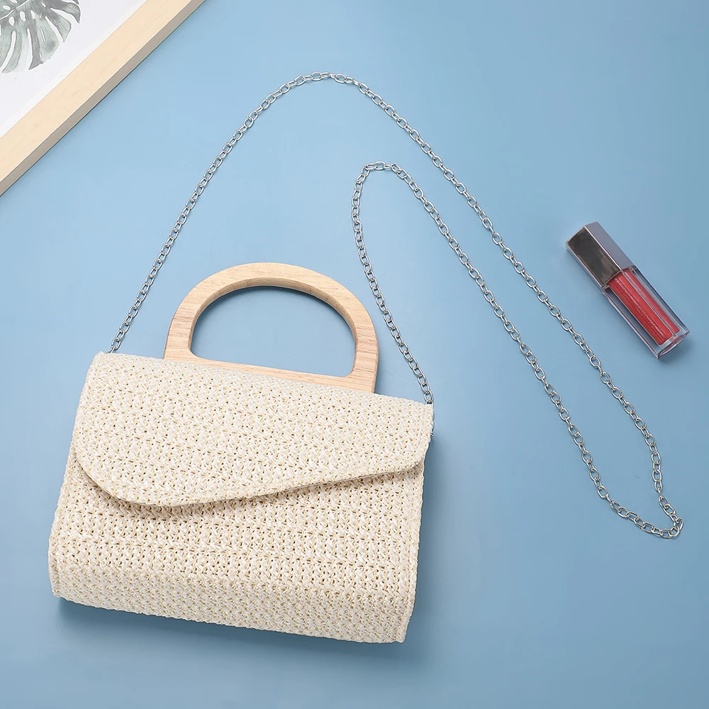 حقيبة كتف عتيقة بمقبض خشبي محمول باليد مع حقيبة كروس بسلسلة معدنية مفككة للمساء