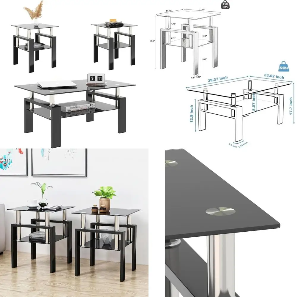 طقم طاولة غرفة المعيشة الزجاجية المكونة من 3 قطع: طاولة قهوة وطاولات نهائية مع سطح من الزجاج المقسى وإطار معدني