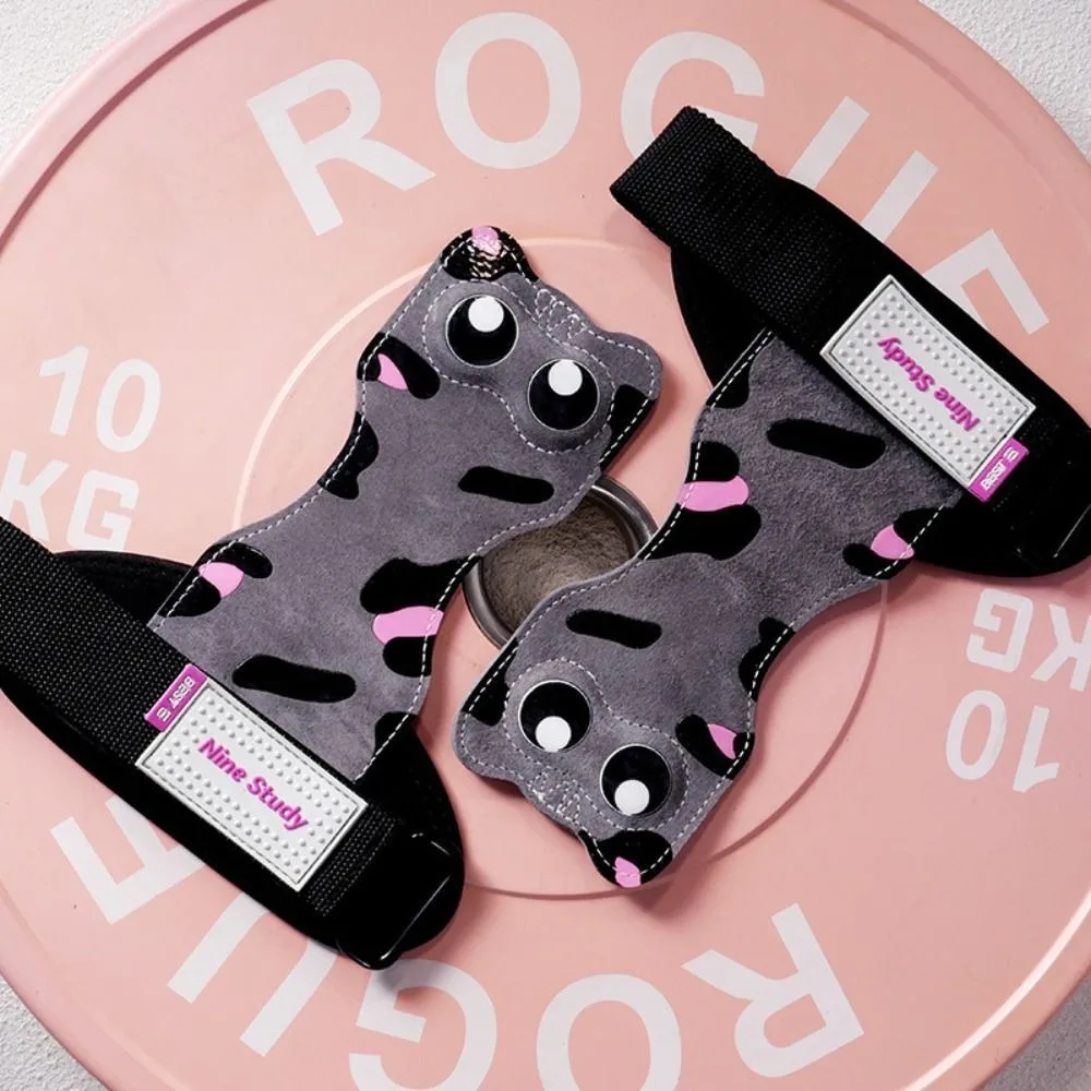 

1 Pair Cowhide Cat Fitness Power Straps Fitness Non-slip Big Eyes Deadlift Power Straps Wear-resistant Palm Protector