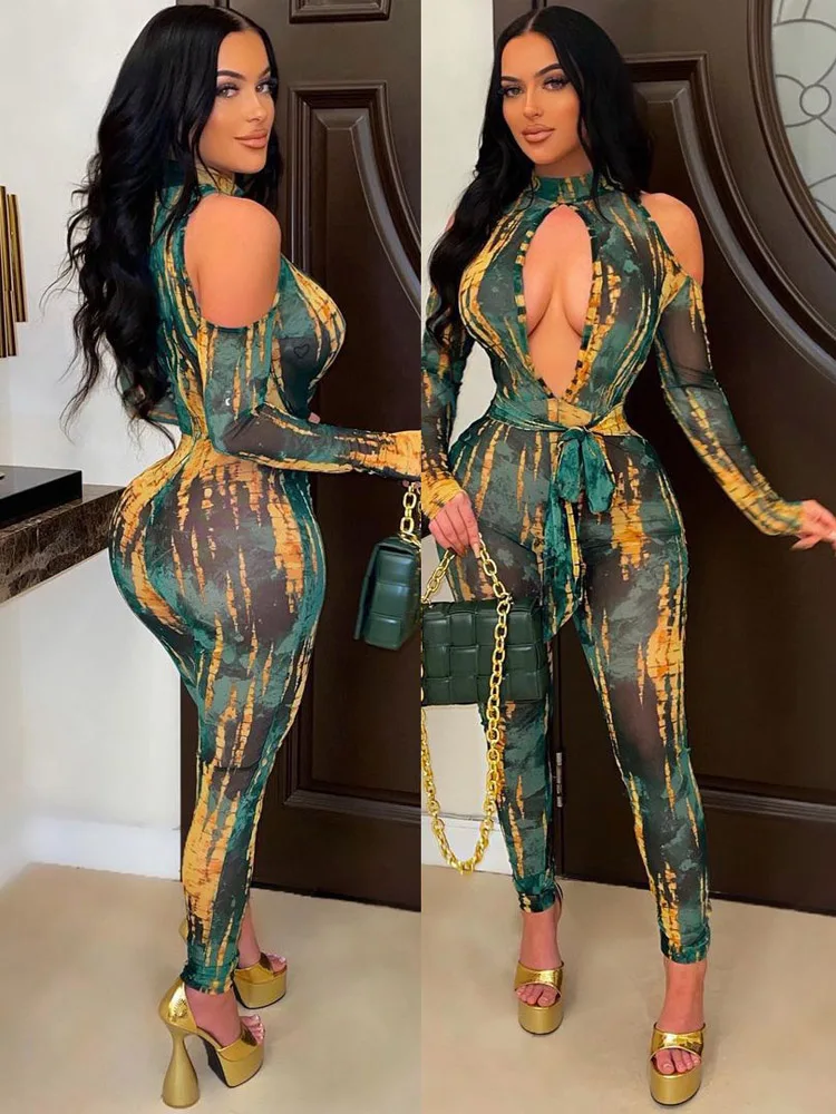 Women Tie Dye Cut Out Shoulder Bodycon Jumpsuit Sexy Party One Piece Overall Romper Playsuits 2022 Spring Summer New