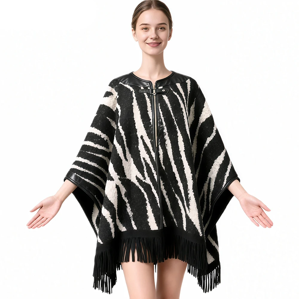Retro Fringed Leather Collar Patchwork Knitted Sweater Coat For Women Leopard Printed Shawl Cape Outerwear Long Poncho Cloak