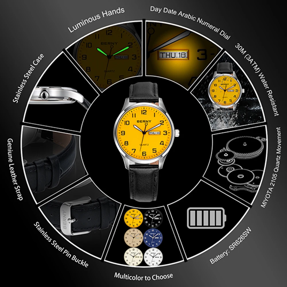 BERNY Classic Quartz Watch for Men MIYOTA 2105 Business Fashion Male Wristwatch Date Genuine Leather Men Watches Waterproof
