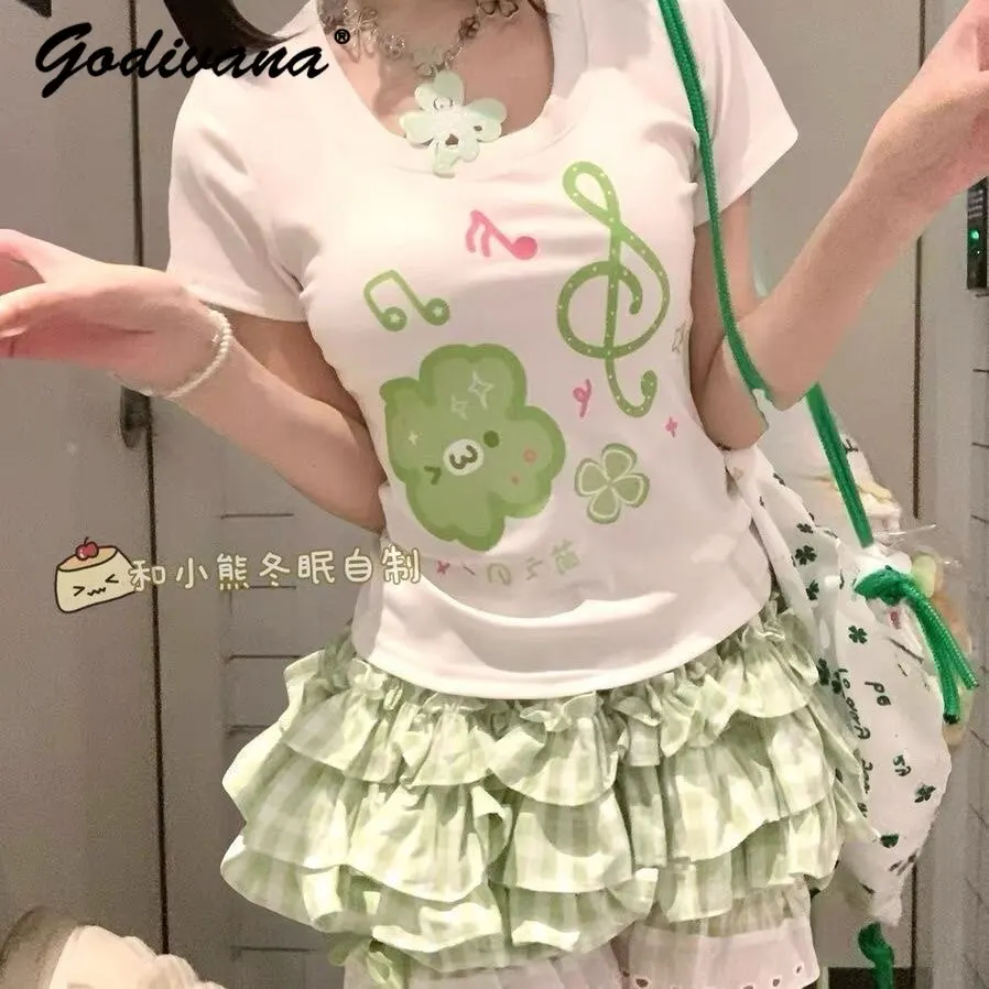 

Girls Japanese Kawaii Print Color Block Off-shoulder Short Sleeve Top Summer New Green Plaid Lace-trimmed Elastic Waist Skort