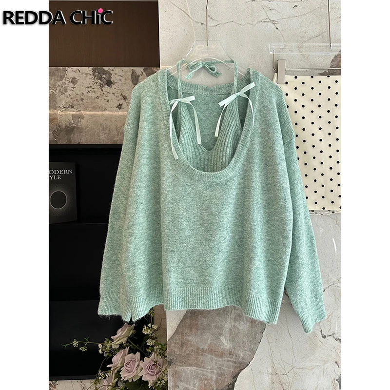 ReddaChic-Pull uni à manches longues pour femmes, col en V superposé, nœud papillon, caraco, pull uni, tricots décontractés mignons