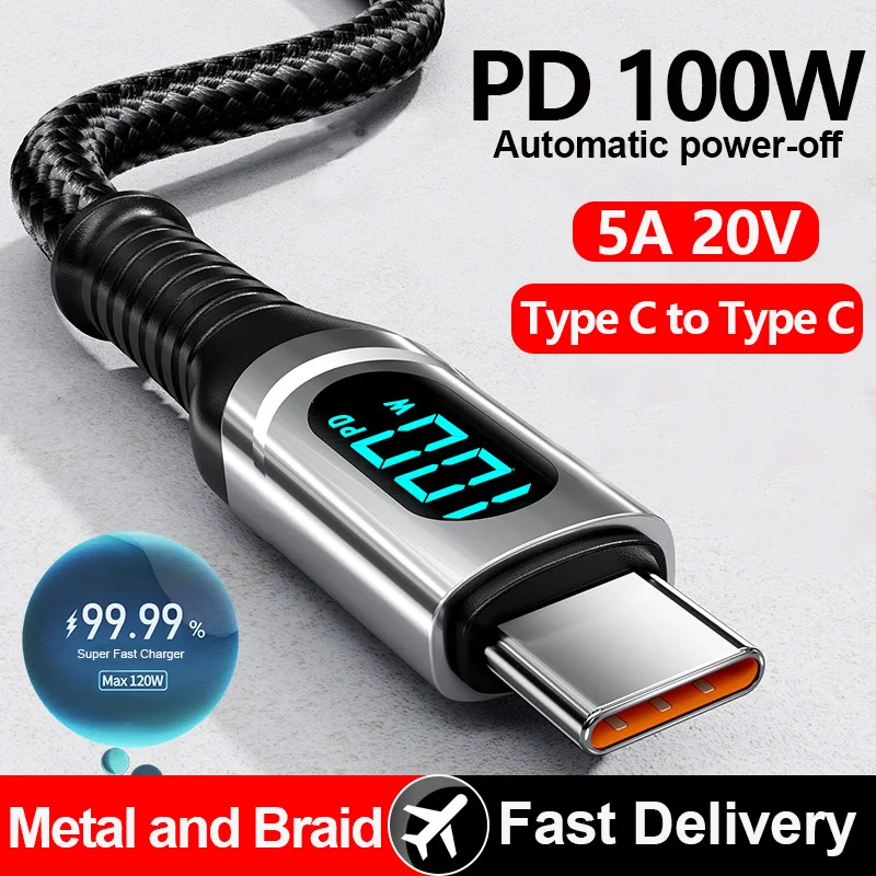 100W Fast Charging Digital Display knit PD USB A C to Type C Data Cable 5A 20V E-Marker Chip for Samsung iPhone 15 Huawei Xiaomi