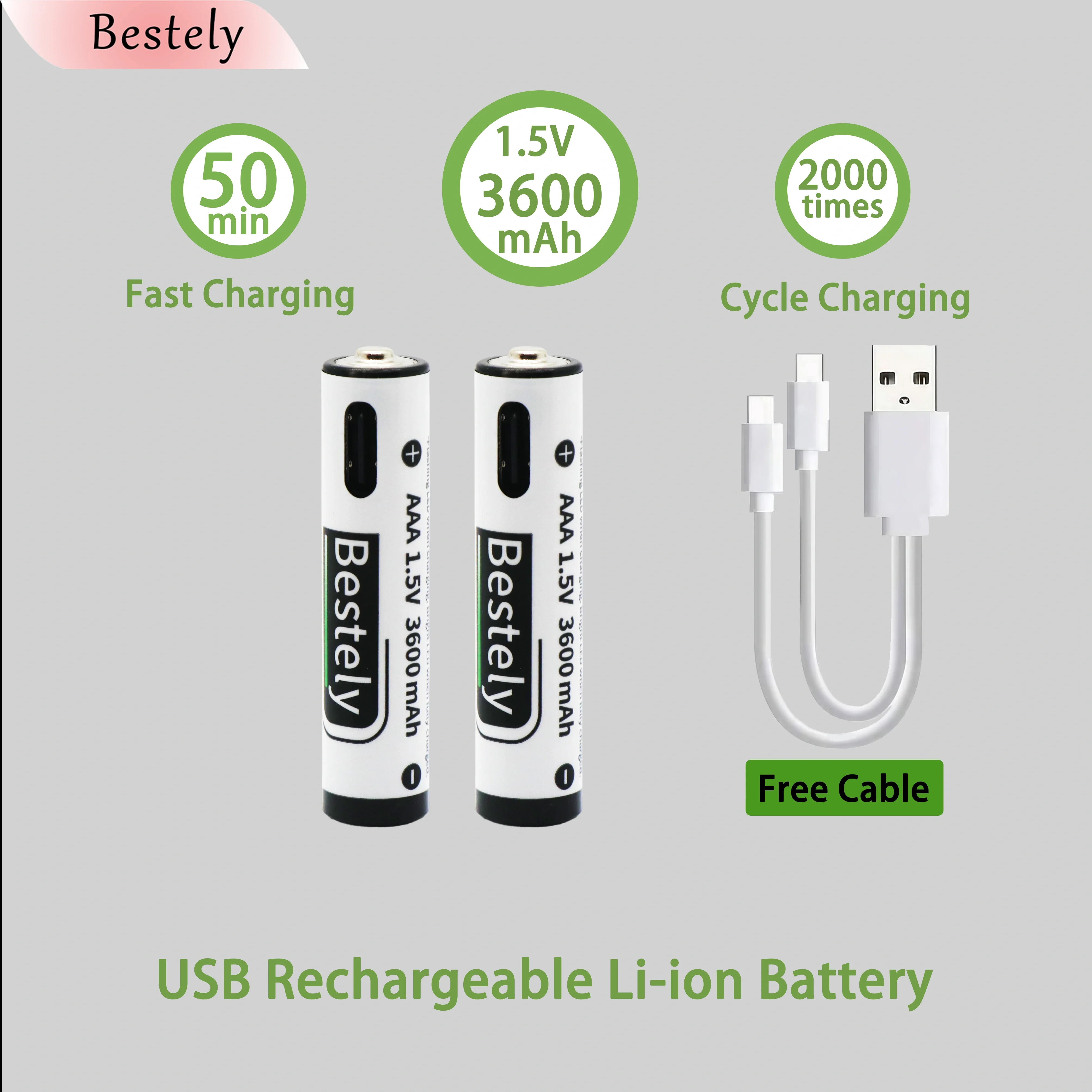 3600mah 용량의 고속 충전 1.5V AAA 리튬 이온 배터리 및 USB 충전식 리튬 USB 배터리 안전하고 내구성이 뛰어남