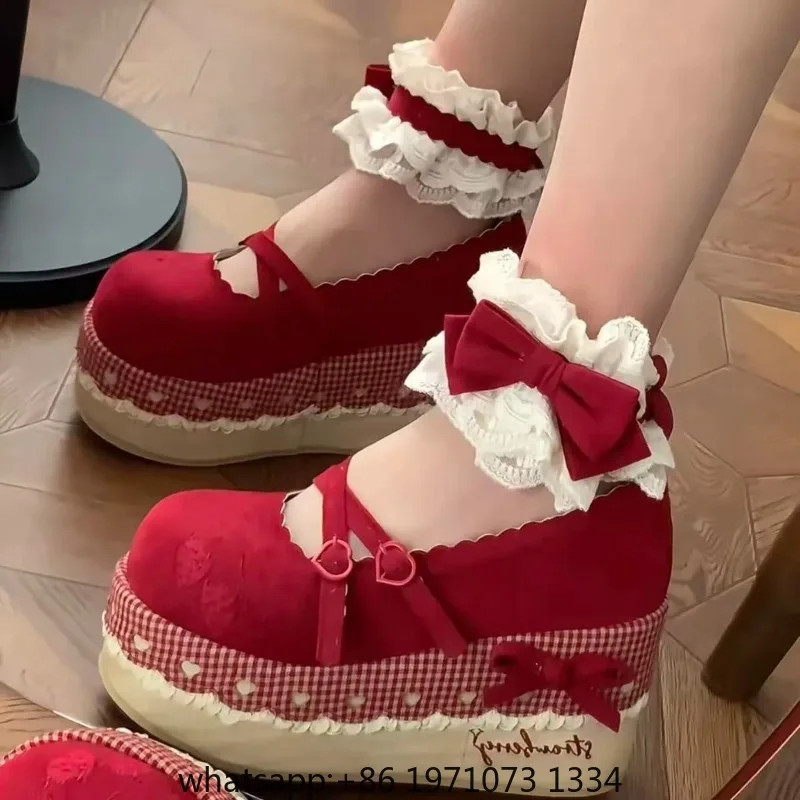 Sweet Girls Lolita Flat Platform ,Young Women Students Cute Lace Embroidery Strawberry Ankle Strap Mary Janes Elevator Shoes