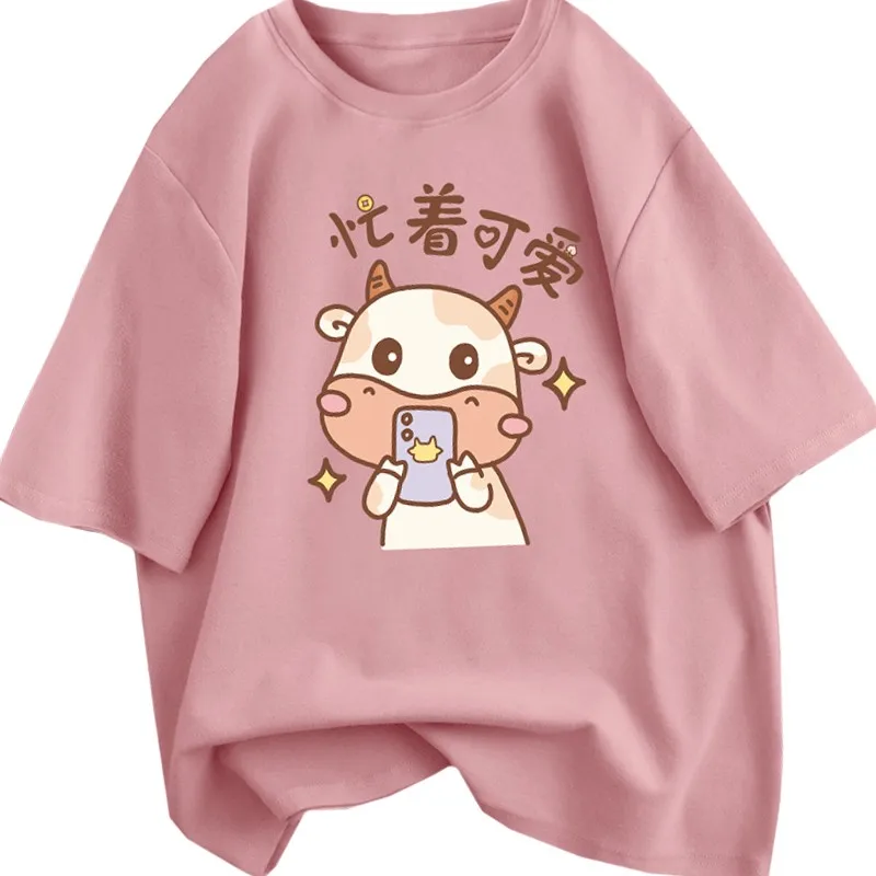 

Girly Style Cotton Casual Sweet T Shirt Print Harajuku Lily Photograph Girl Tees Loose Summer Pink Cute Phone Cow Tops Female