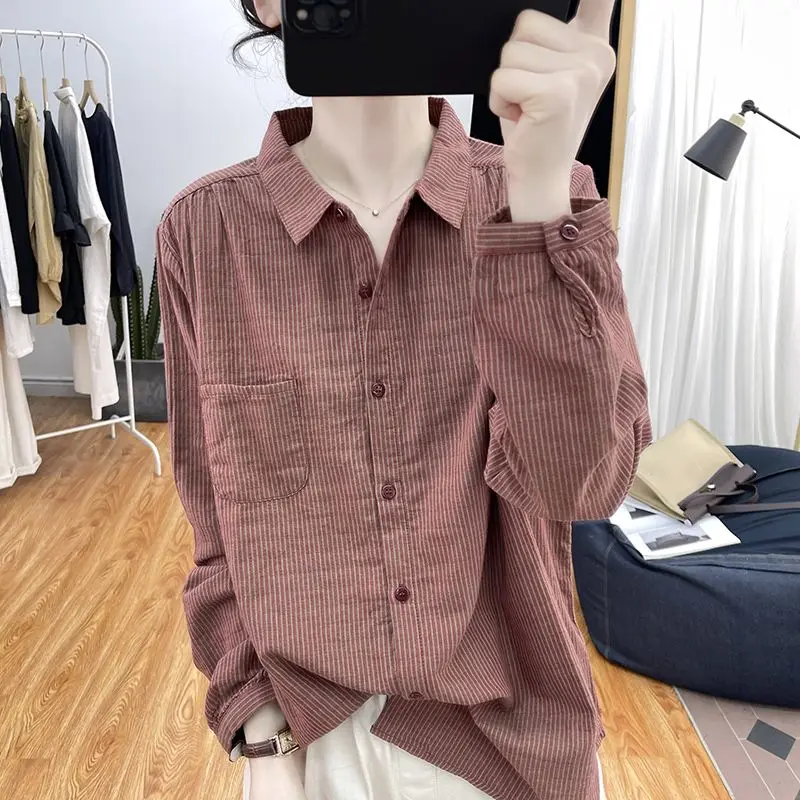 Women\'s Vintage Striped Print Lapel Button Shirt Simple Casual Commuting Cotton Blouse Long Sleeve Loose Tops Blusas Para Mujer