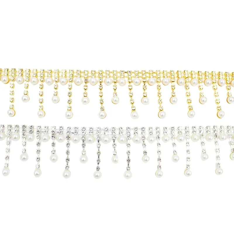 1yard Pearl Tassel Crystal Metal Trim Bridal Wedding Dress DIY Decoration Welding Rhinestone Fringe Sew on Clothing Shoes Bag