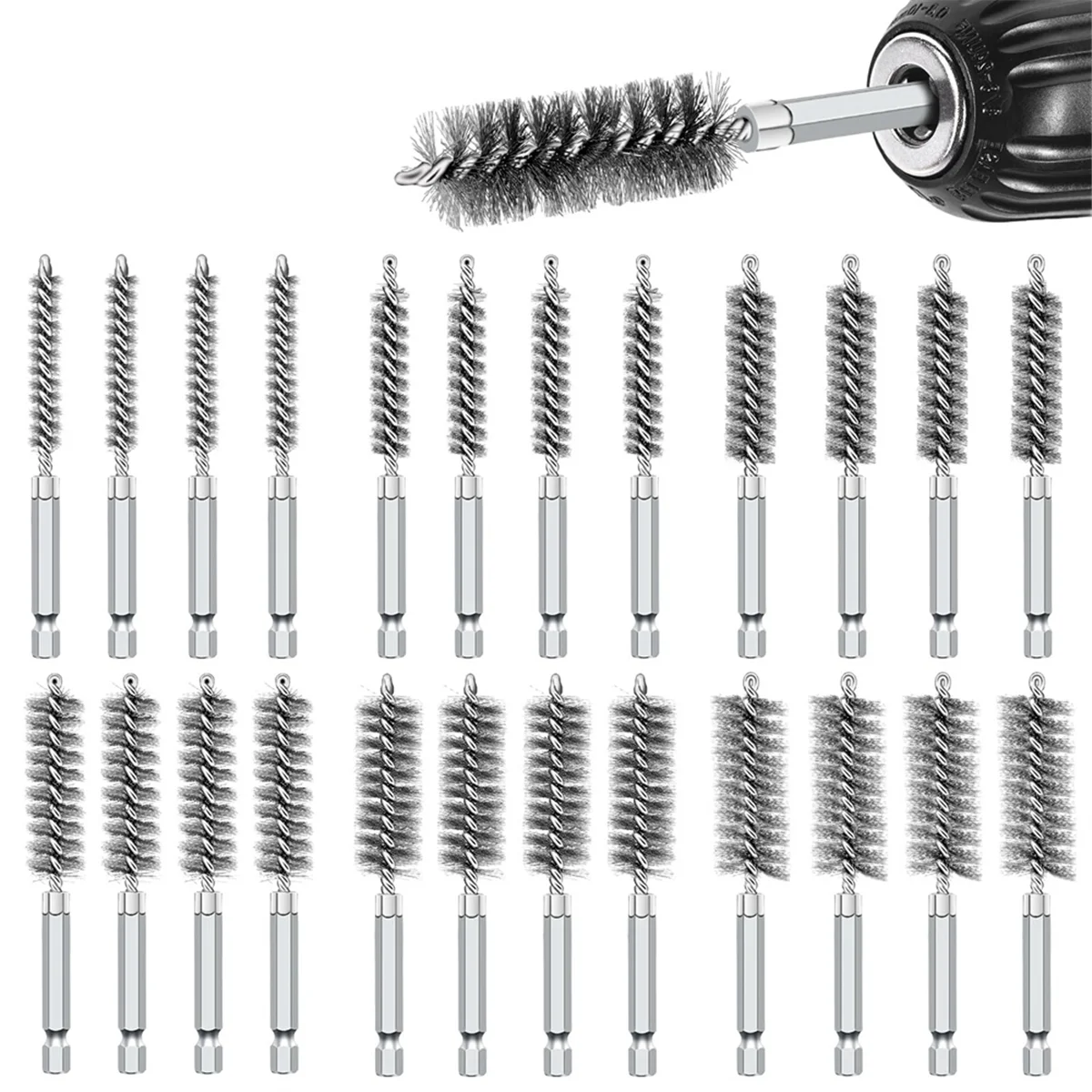 

24PCS Wire Bore Brushes Set for Power Drill, with 1/4 Inch Hex Shank for Tubes Pipe Cleaning(8/10/12/15/17/19MM)