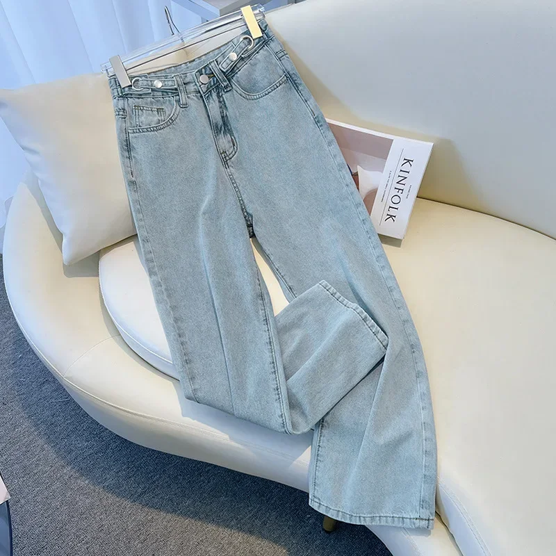 Jeans Women Causal High Waist Loose Wide Leg Pants Vintage Denims Pockets Denim Full Length Female Basics Straight Trousers