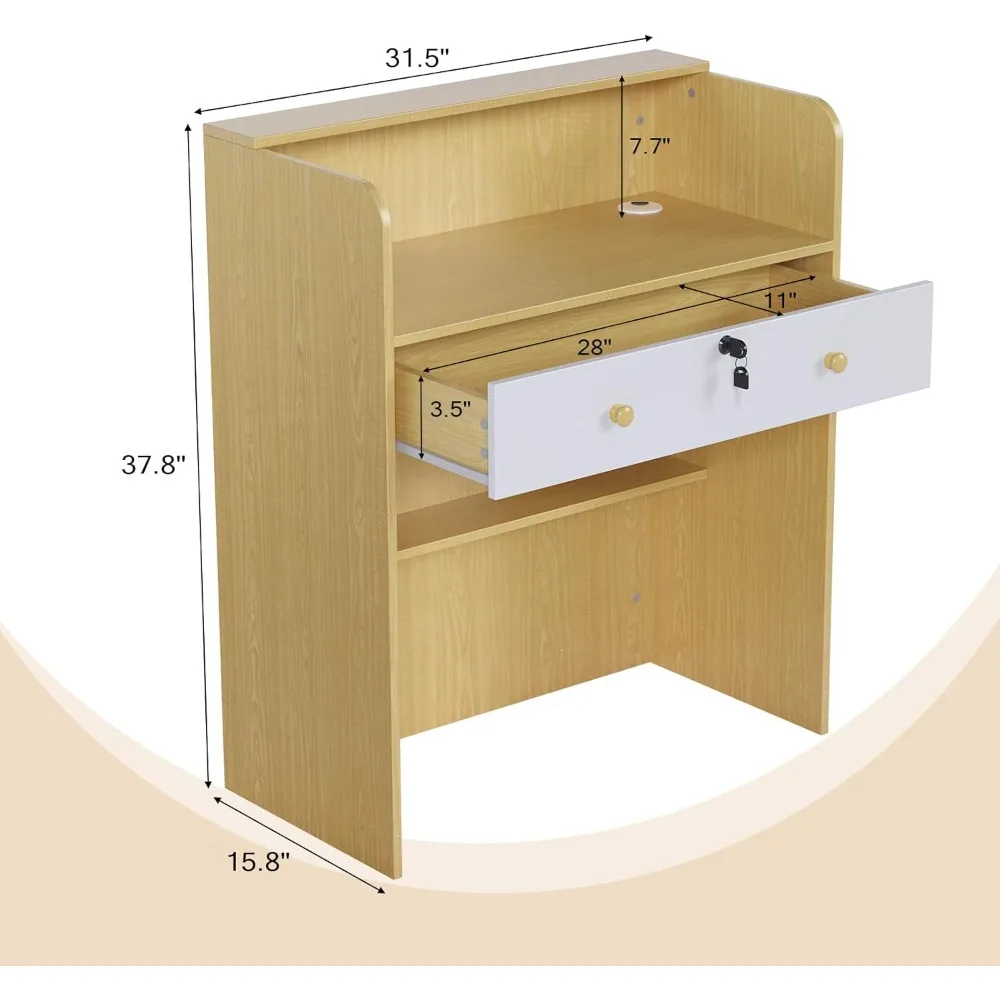 مكتب استقبال مع عداد، مكتب أمامي صغير مع درج قابل للقفل، طاولة استقبال خشبية حديثة لمكتب ردهة الصالون H #3