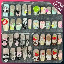 10Pcs Kawaii Cartoon Handmade Wearable Press On Nails 3D Flower French Almond Ballerina Quadrate Diamond Star Heart Fake Nails