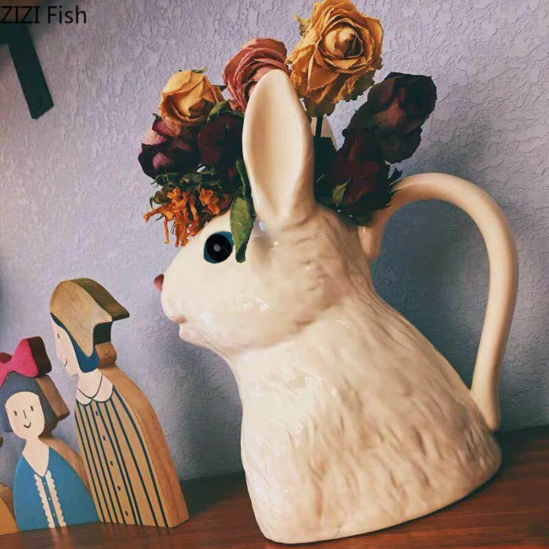 Cute Rabbit Shape Ceramic Vase Artificial Flower Floral Vases Desk Decoration Crafts Flowers Arrangement Room Aesthetic Decor