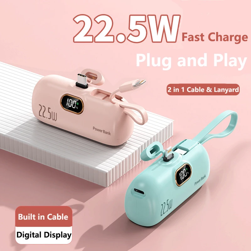 5000mAh Mini Power Bank Built in Cable Plug 22.5W Fast Charging for Apple Type C Powerbank for iPhone 15 X Samsung Huawei Xiaomi