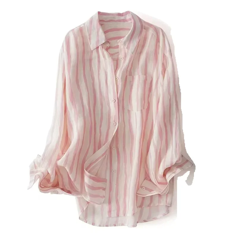 Cotton Linen Long Sleeve Women\'s Shirt Summer New Sunscreen Striped Comfortable and Breathable Thin Loose Top Casual Pink Blouse