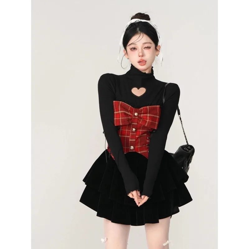 2 Piece Dress Set Autumn Women Gyaru Y2k 2000s Vintage Evening Suit Outfits Long Sleeve T-Shirts + Mini Plaid Patchwork Dress