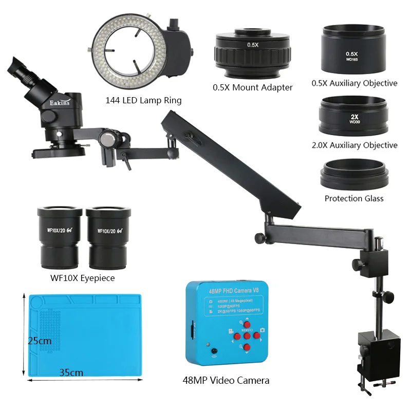 3.5x-90X Simul-Focal PCB Soldering Trinocular Stereo Microscope 1080P 48MP HDMI USB Video Camera + Articulating Arm Pillar Clamp