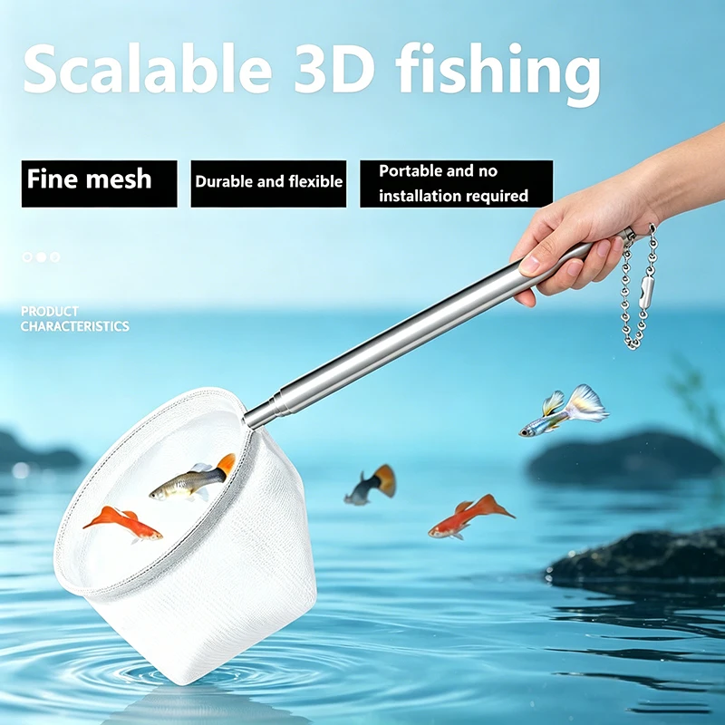 Quadratisches Aquarium-Fischernetz, ausziehbares Angelgerät mit langem Griff zum Fangen von Fischen, Garnelen, Tankreinigungszubehör, YGQJYP04