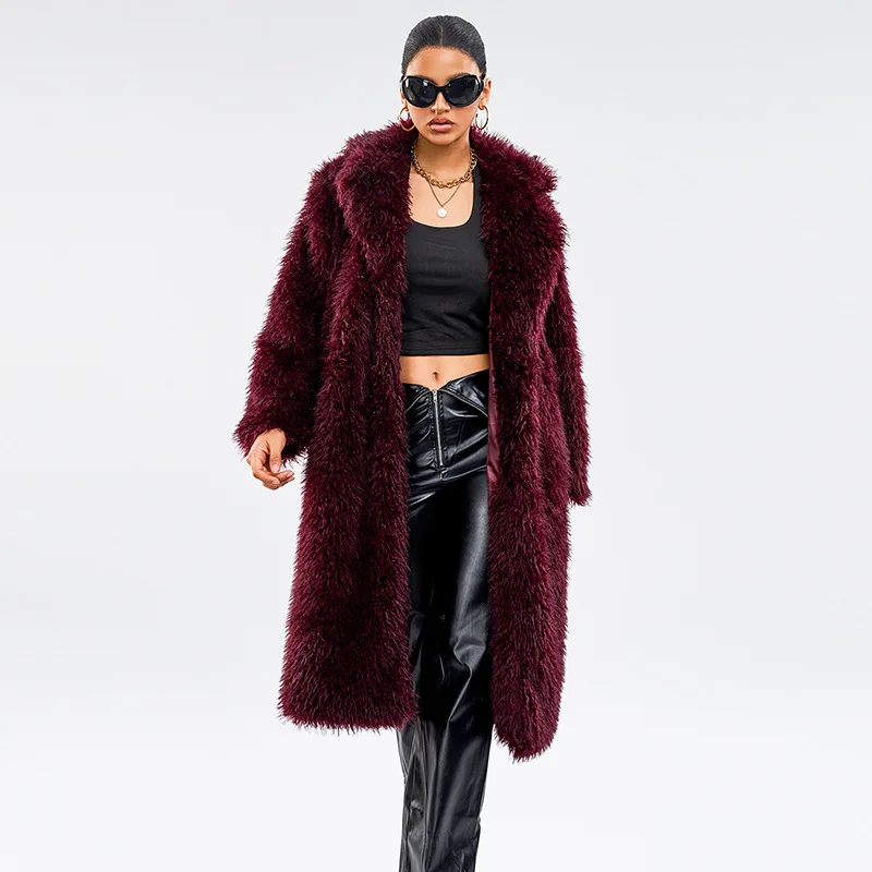 Lapel Long Faux Fur Coat Women Winter Plush Jacket Warm Long Sleeves Streetwear Artificial Fluffy Coat 2024 New Teddy Overcoat