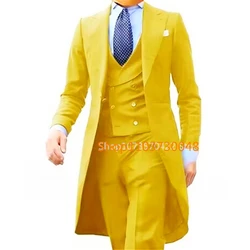 Solid Wedding Men Long Tailcoat 3 Piece Formal Groom Tuxedos for Prom Party Male Suits Fashion Clothing Set Jacket Pants Vest