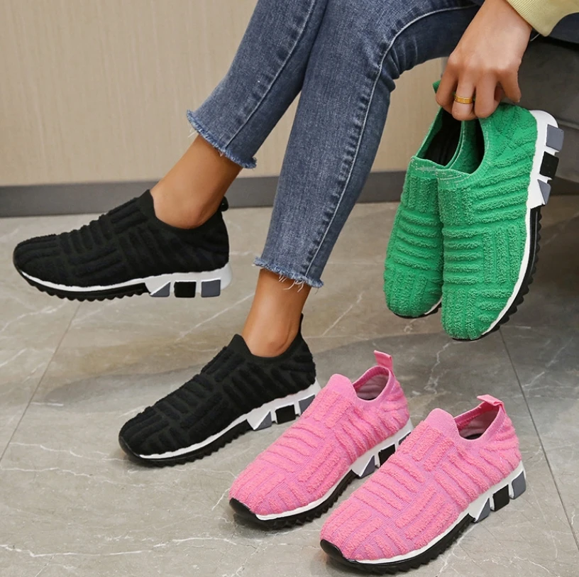 

Flat Sneakers For Women Solid Color Green Black Pink Men's Casual Shoes Women Sports Shoes Platform Knitting Socks Shoes Size 45