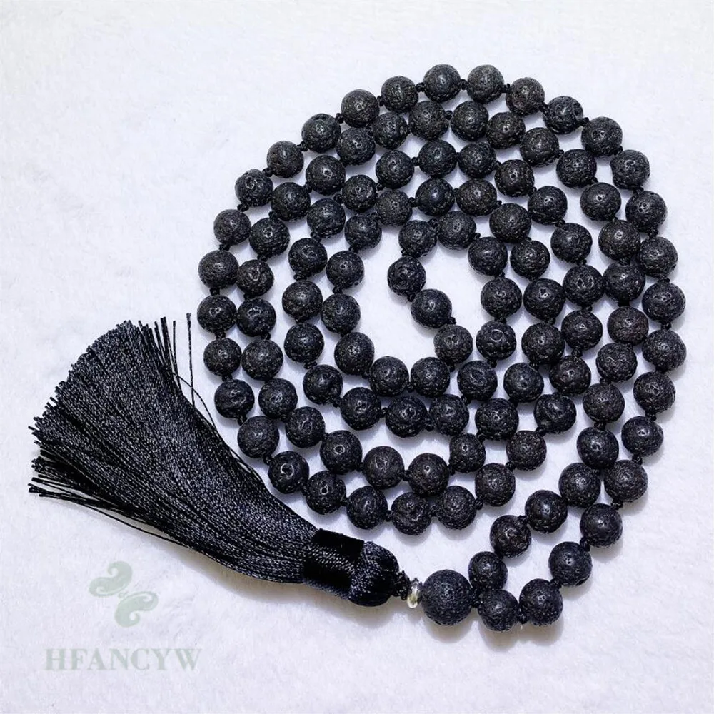 8mm volcanic stone 108 beads Knot tassel Mala necklace Formal event Pendant Tranquility Couples Rustic Meditation Minimalist