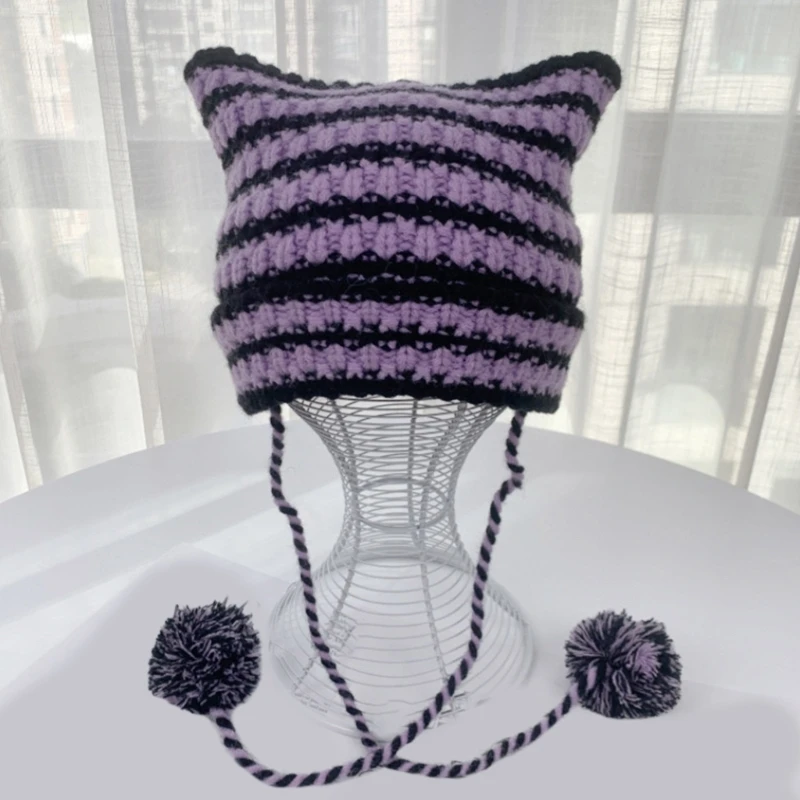 634C Y2k Handmade Cat Ear Shape Hat Knit Winter Windproof Hat with Dangle Pompoms