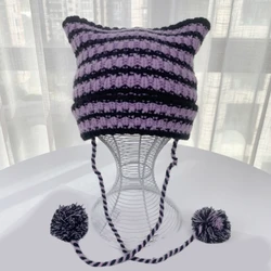 634C Y2k Handmade Cat Ear Shape Hat Knit Winter Windproof Hat with Dangle Pompoms