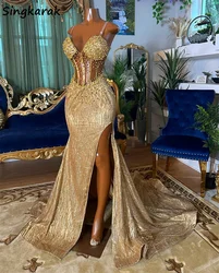 Sparkly Gold Prom Dresses Spaghetti Straps Side Split Crystal Beading Pearls Evening Gowns Wedding Party Wear