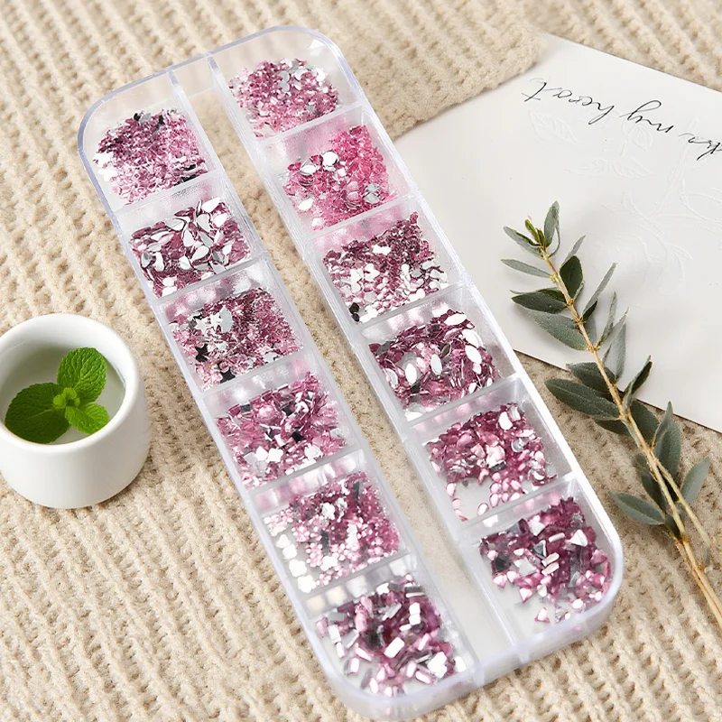 Clear Glass pink  Glass Crystal Nail Art Gems 12grids Flatback  Mixed Nail Art Rhinestone Non-Hotfix Diamond Nail Deco