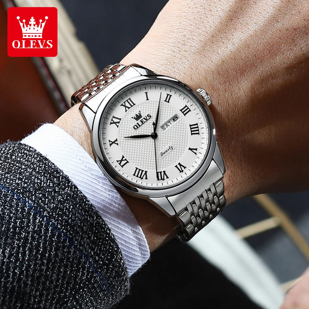 OLEVS 5562 Mens Watch Brand Quartz Watch Stainless steel Waterproof Luminous Dual calendar Men's Wristwatch Top Brand Reloj