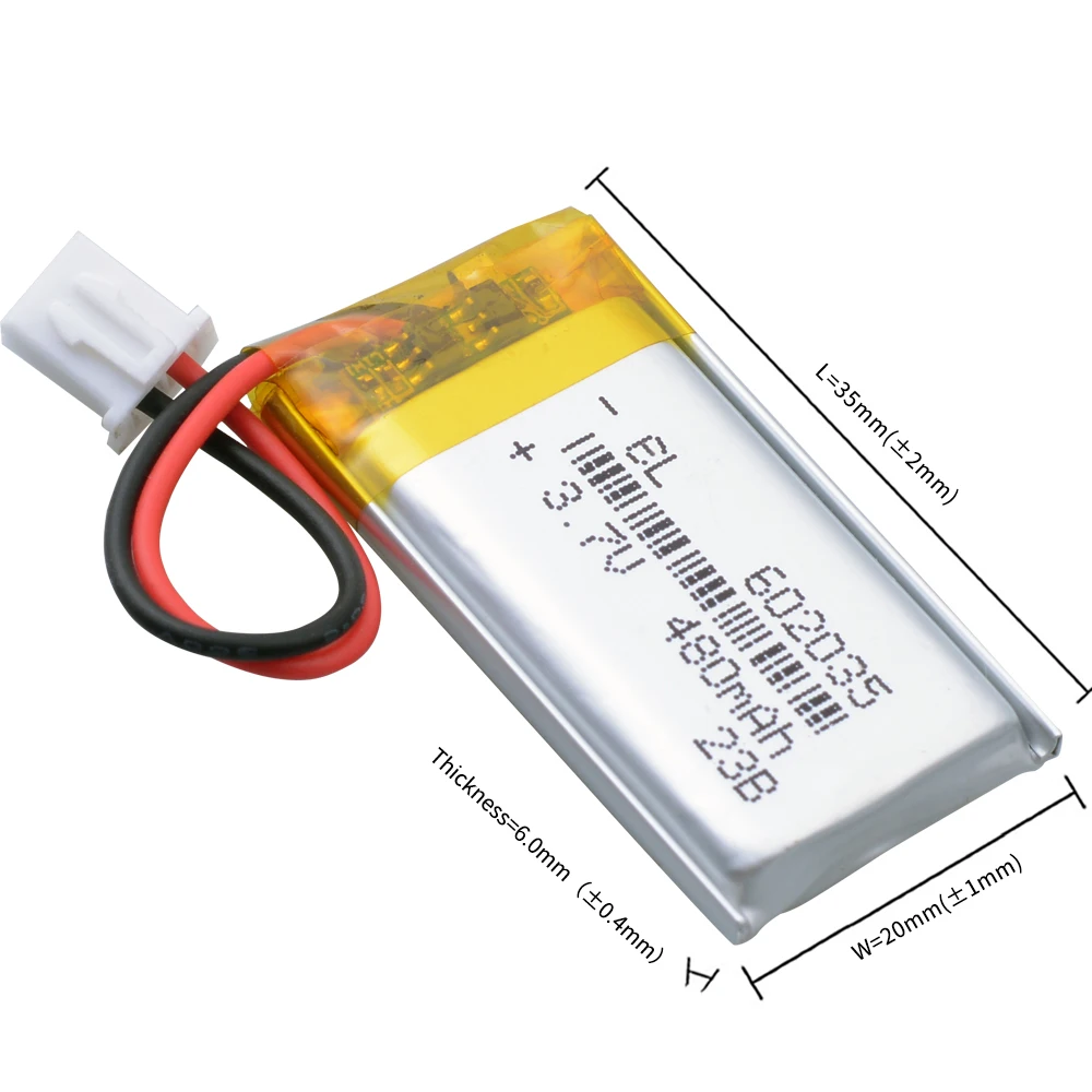 3.7V 480mAh 602035 Lithium Polymer LiPo Rechargeable Battery JST 2.54 2.0 1.25 2Pin Plug For Mp3 Headphone DVD  Bluetooth Camera