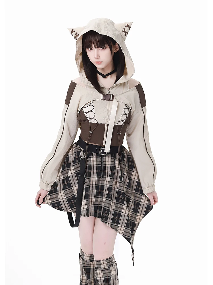 New Women\'s Lace-up Sun Protection Thin Coat Loose Jacket Plaid Trousers Asian Culture Girls Y2K Hooded Crop Top and Skirt Set