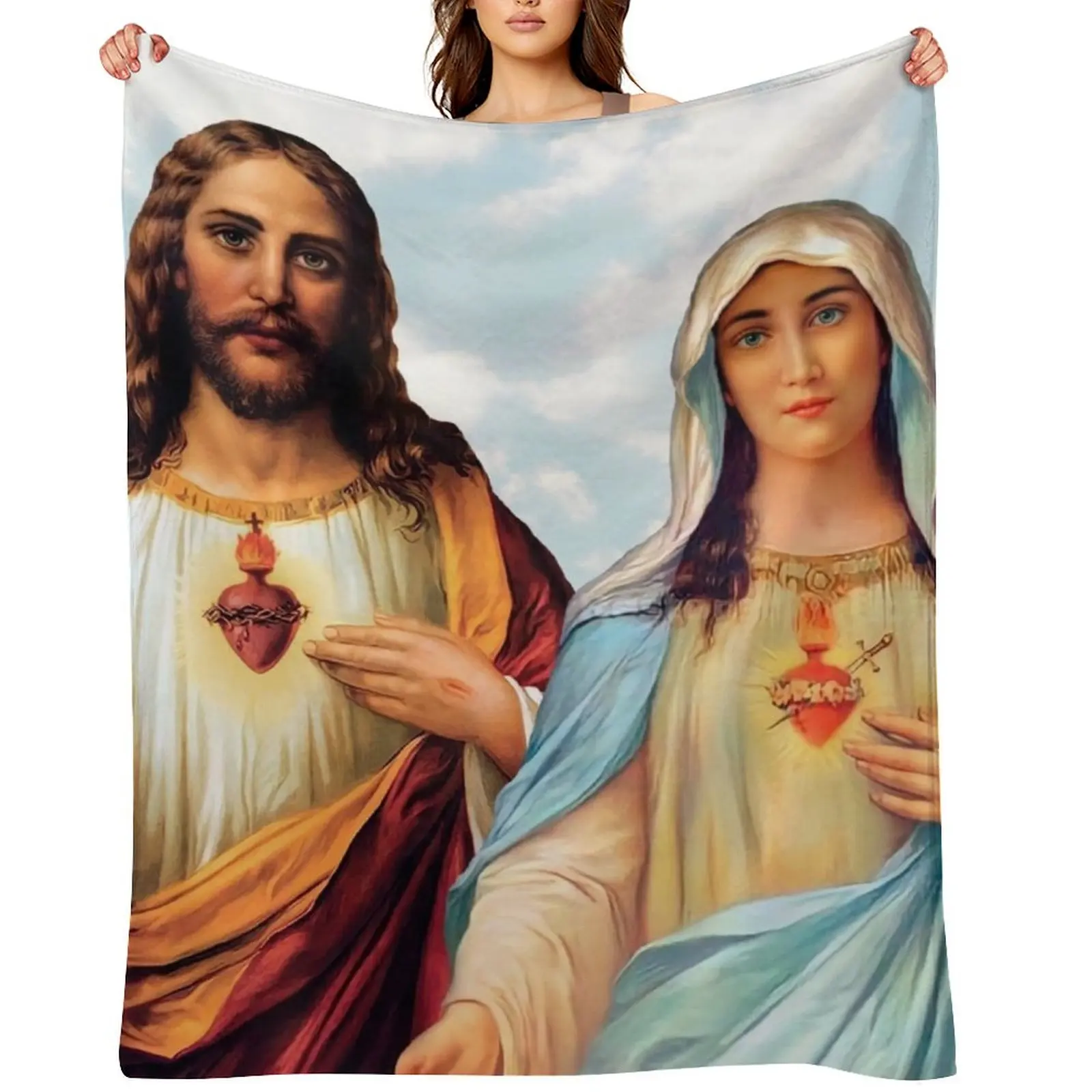 

Sacred and Immaculate Hearts - III (Jesus and Mary) sky background Throw Blanket Decorative Sofas Furry Summer Soft Blankets