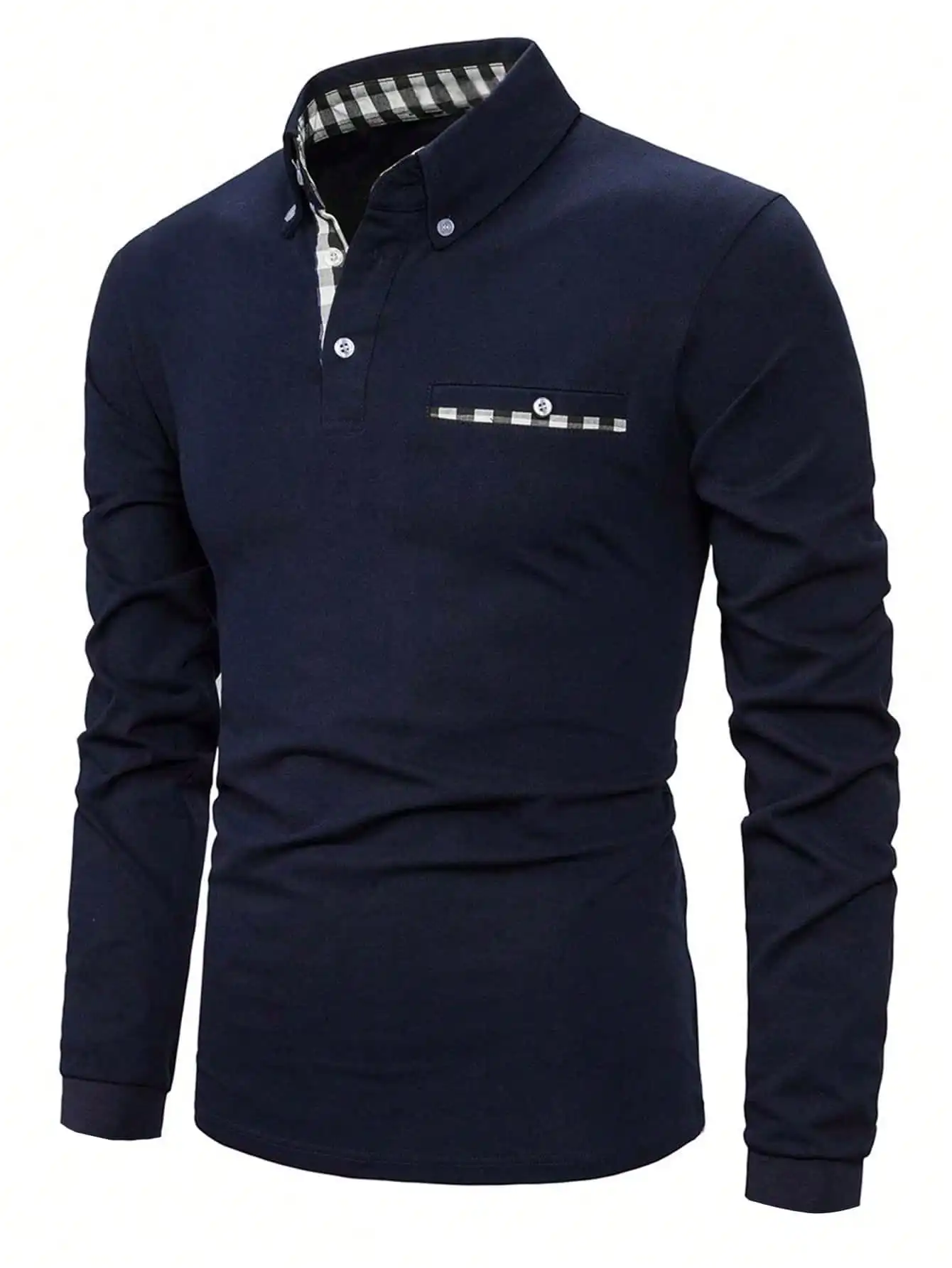 

Men's Navy Long Sleeve Polo Shirt with Checkered Contrast Detail