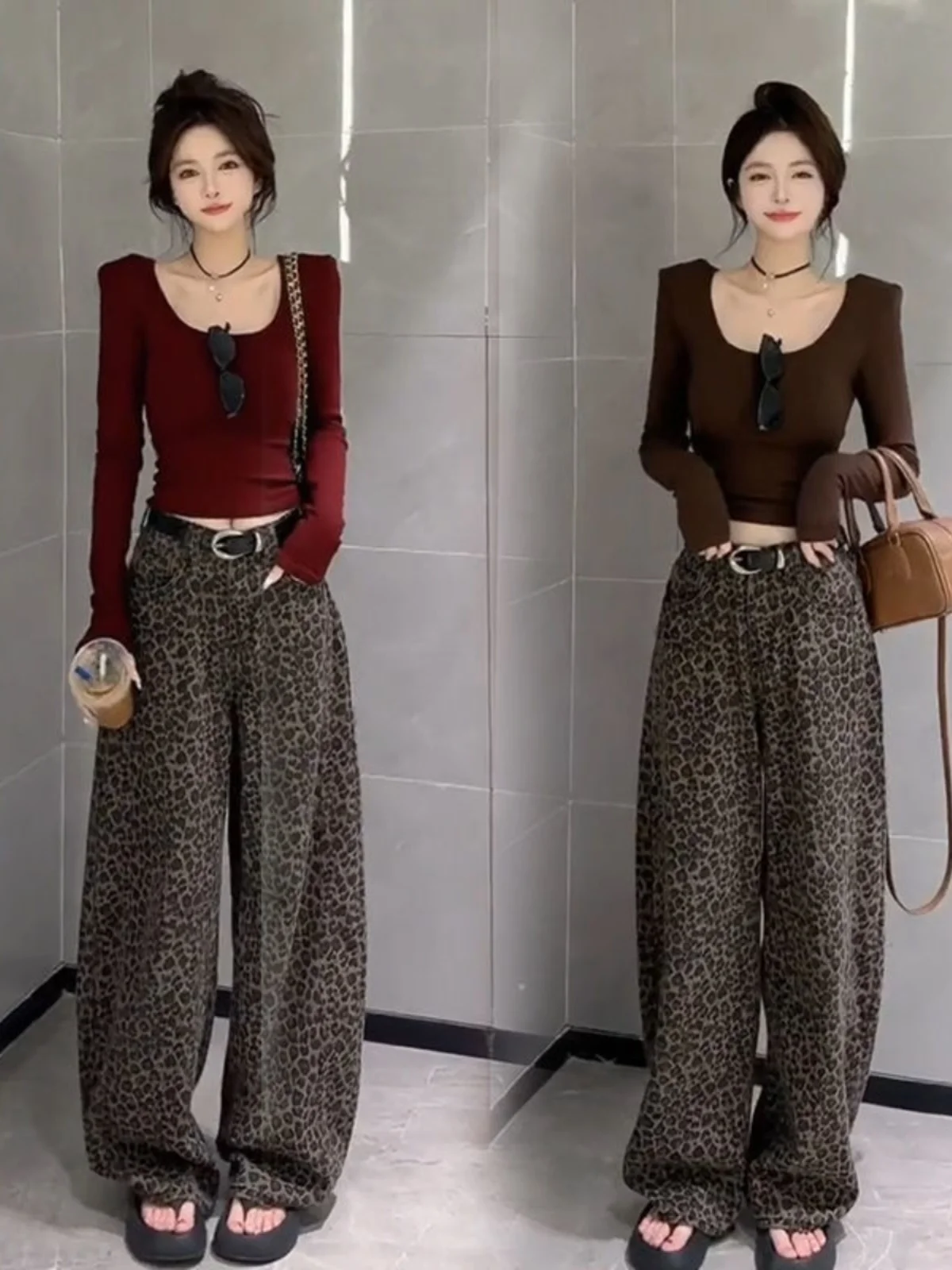 Setelan Panjang Motif Macan Tutul Ele Fashion Wanita Warna Polos Serbaguna Vintage Celana Pinggang Tinggi Nyaman Dipakai