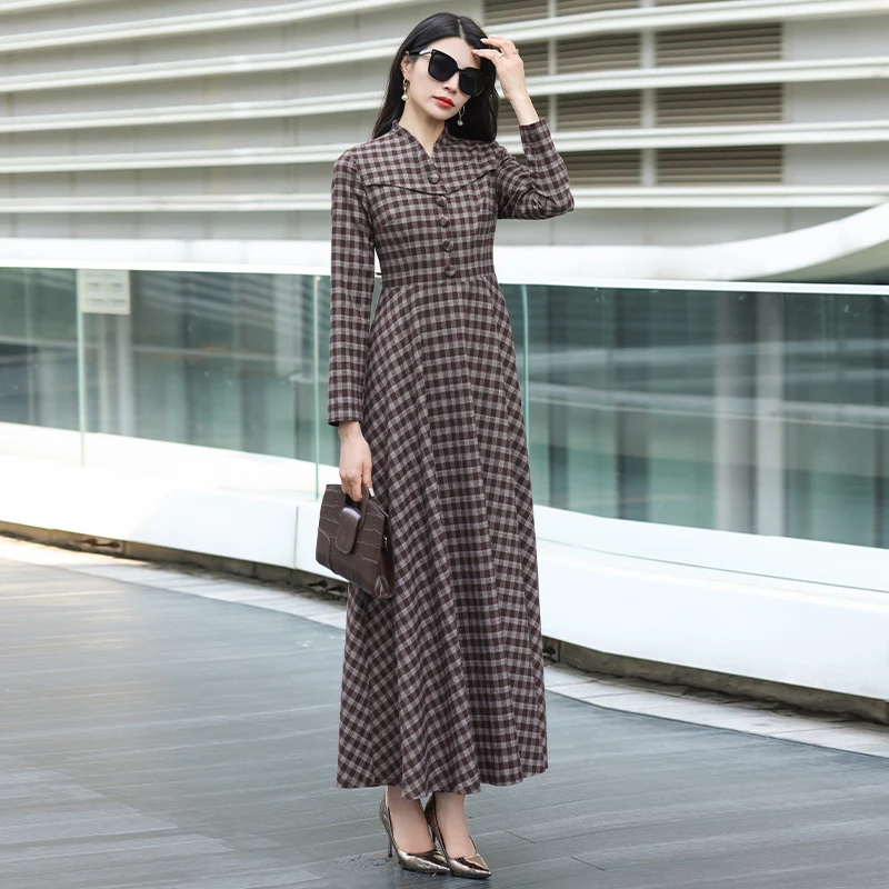 فستان نسائي أنيق منقوش بأكمام طويلة للتخسيس لخريف 2025 نمط جديد ثوب سيدة شابة تنورة طويلة أنيقة #5