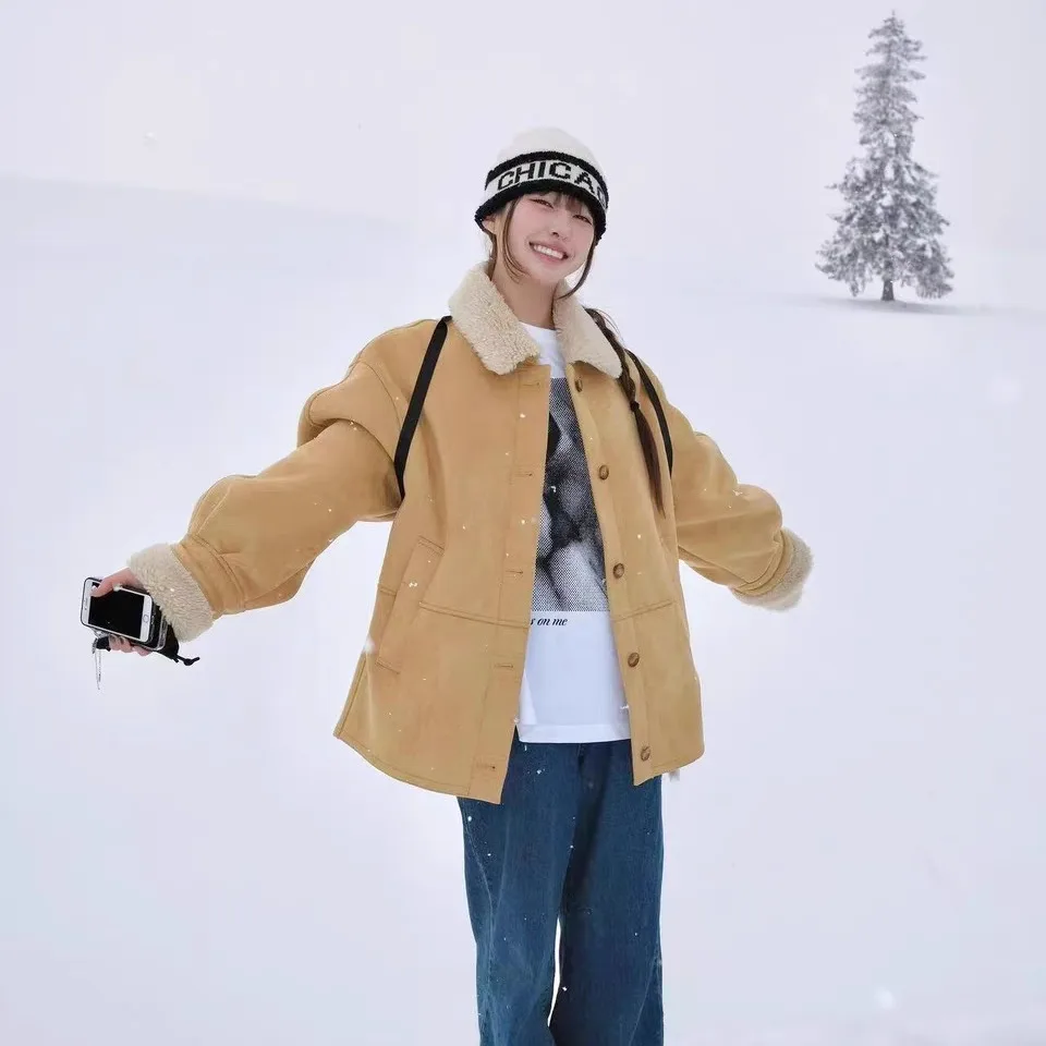 Studioboy Eco-vriendelijk bont en leer Jaet Warm Suède Lamsbontkraag Jas Vintage Sle Loose Fit Long Sve Dames Jaet