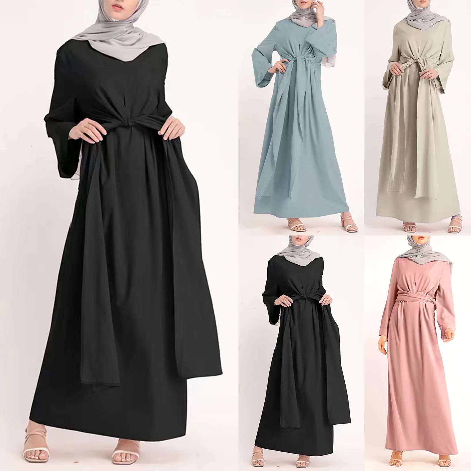 Muslim Fashion Dubai Abaya Long Dresses Women Islam Clothing Abaya African Dresses Solid Soft Loose Lace-Up Waist Muslim Robe