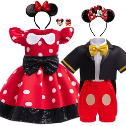 Disney Mickey Mouse Girl Minnie Dress Cartoon Clothes Baby Summer Costume Child Cosplay Princess Fancy Bow Tie Boy Clothing Set