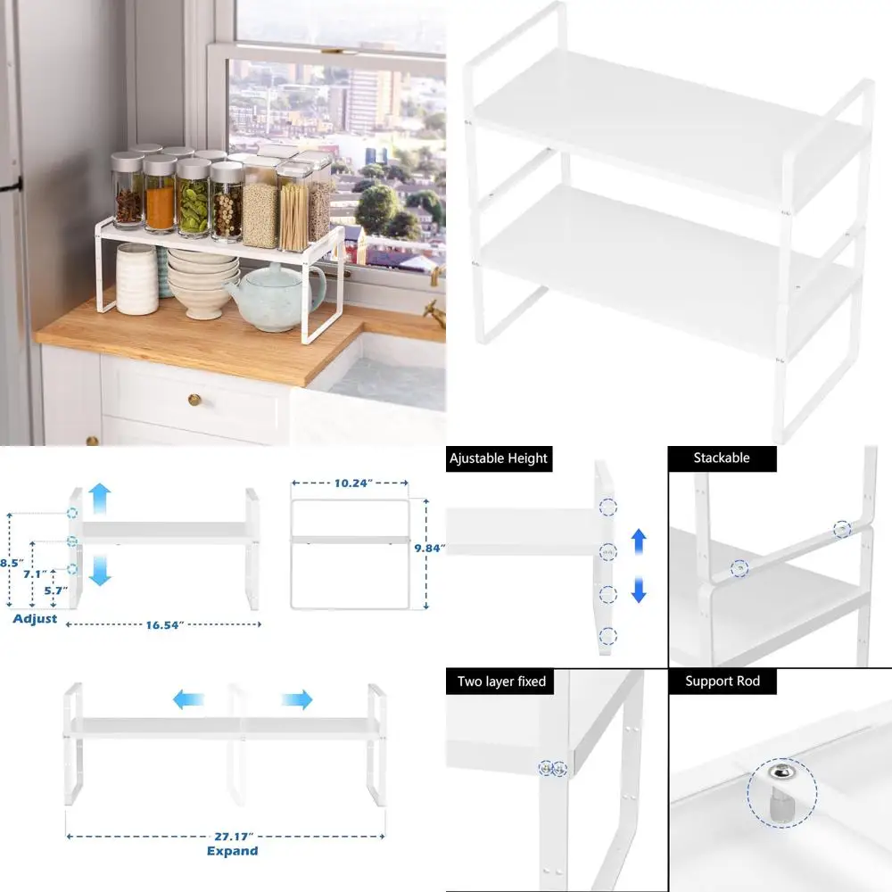 

Stackable Kitchen Storage Organizers, Expandable Shelf for Cabinets, 2-Piece White Set