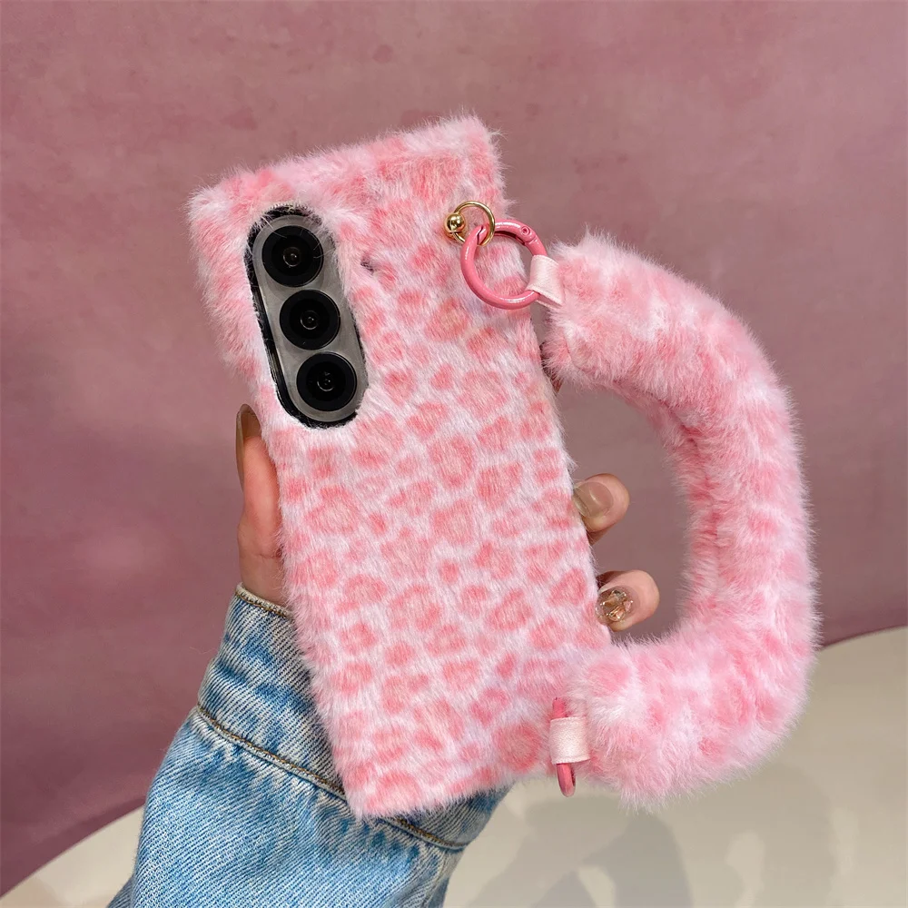 Soft Plush Leopard Print Lanyard Phone Case For Samsung Z Fold 6 7 8 Ultra zfold 5 4 3 5G Fur Wristband Protection Back Cover