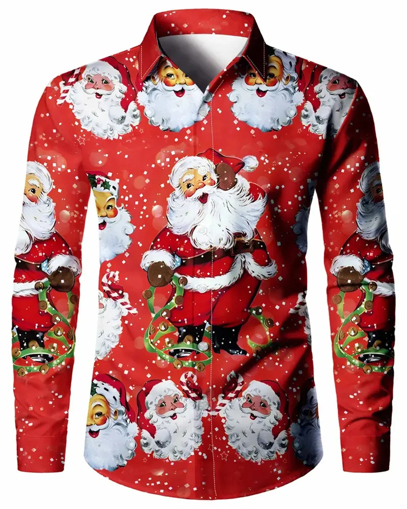 2024 Christmas Long Sleeve Shirt Lapel Men\'s Button Up Shirt Christmas Snowman 3D Printed Men\'s Casual Party Holiday Top 6XL